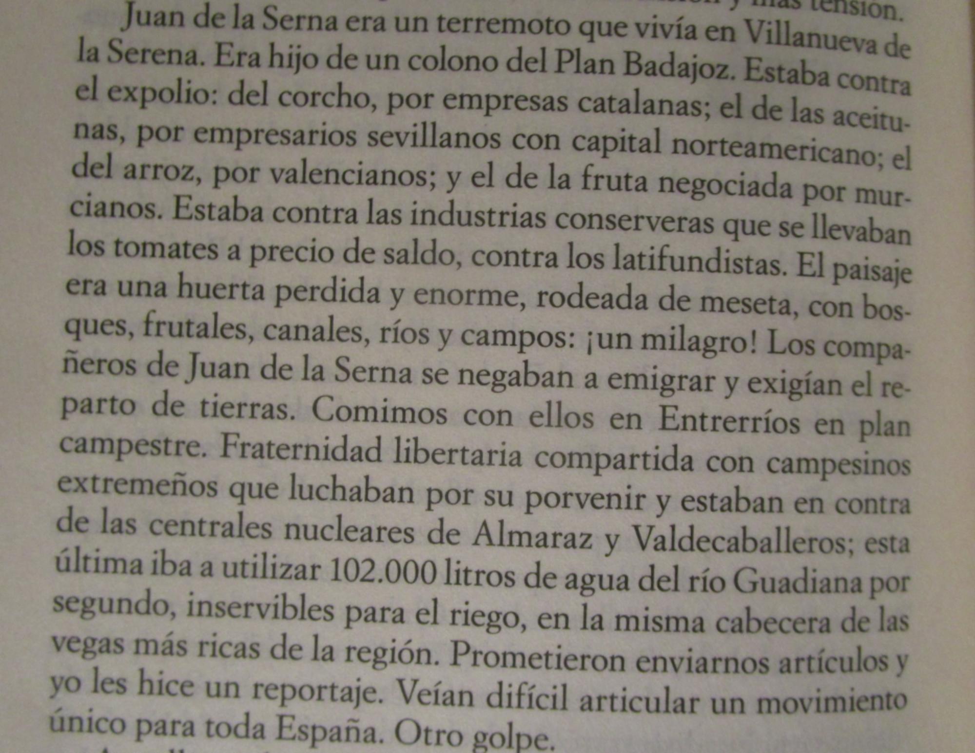 Extracto sobre Juan Serna, el plan Badajoz y el expolio extremeño.